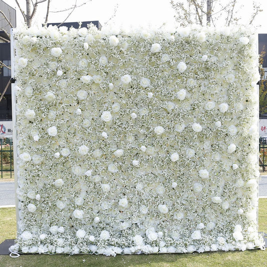 5D White Rose Baby Breaths Mix Flower Wall For Wedding Arrangement  Event Salon Party Photography Backdrop Fabric Rolling Up Curtain Cloth