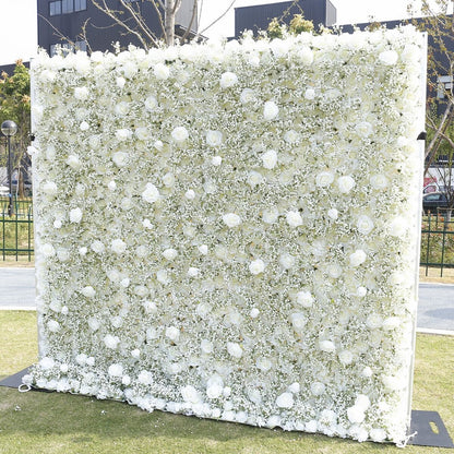 5D White Rose Baby Breaths Mix Flower Wall For Wedding Arrangement  Event Salon Party Photography Backdrop Fabric Rolling Up Curtain Cloth