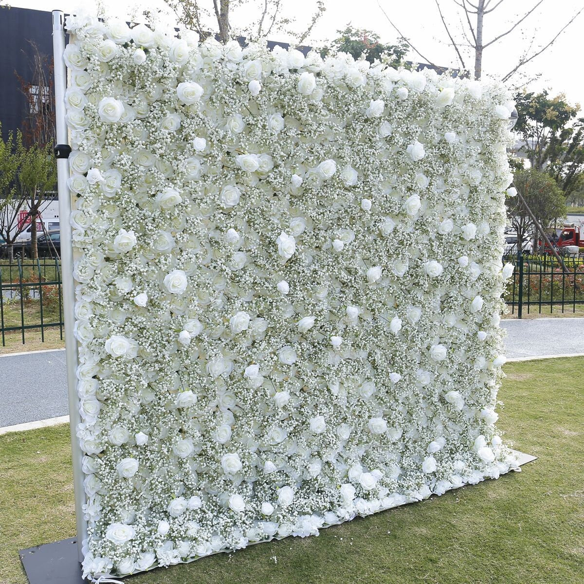 5D White Rose Baby Breaths Mix Flower Wall For Wedding Arrangement  Event Salon Party Photography Backdrop Fabric Rolling Up Curtain Cloth