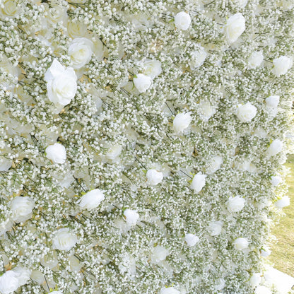 5D White Rose Baby Breaths Mix Flower Wall For Wedding Arrangement  Event Salon Party Photography Backdrop Fabric Rolling Up Curtain Cloth