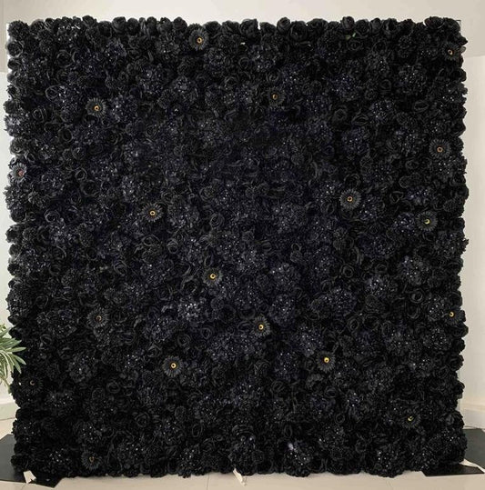 New Design Full Black  Flower Roll Up Curtain Fabric Cloth Artifical Floral Wall for Wedding Party Home Salon Decor backdrop