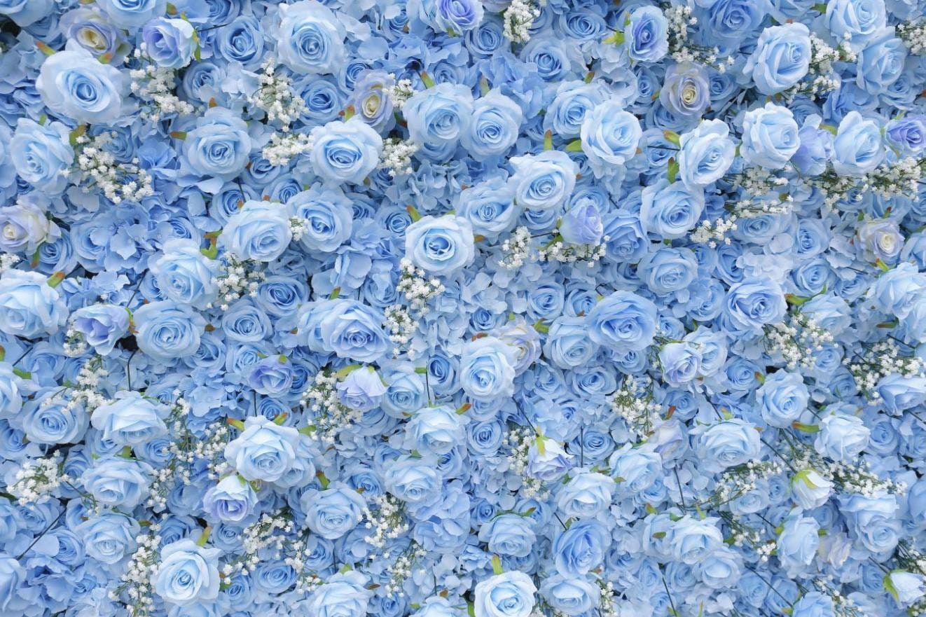 Neues Design Baby Breath Blaue Blumenwand für Hochzeitsarrangement Event Party Fotografie Hintergrund Stoff Rollvorhang Stoff Tuch