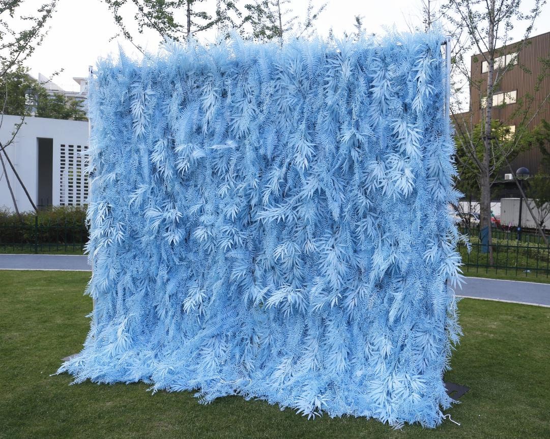 New Design Blue Misty Smog Pampas Flower Wall Wedding Backdrop Decoration Artificial Silk Room 3D Roll Up Cloth Fabric