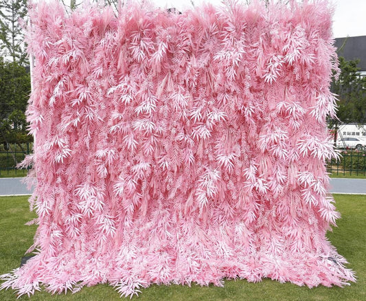 New Design Candy Pink Misty Smog Pampas Flower Wall Wedding Backdrop Decoration Artificial Silk Room 3D Roll Up Cloth Fabric