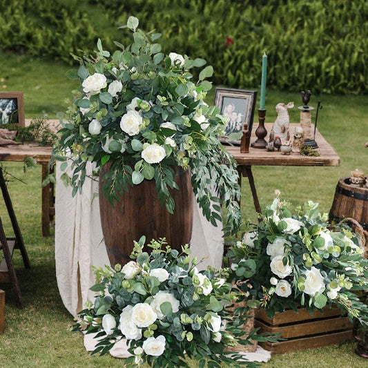 Aisle Flowers Floor Arch Arrangement Wedding Aisle Marker Arbor Arrangements White Flowers Eucalyptus Special Event White Green Decor