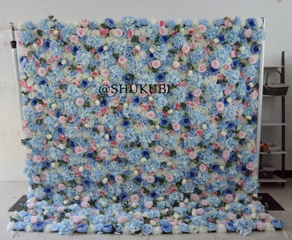 New Design Baby Blue Pink Flower Wall For Wedding Photography Backdrop Event Salon Party Arrangement  Fabric Rolling Up Curtain Fabric Cloth