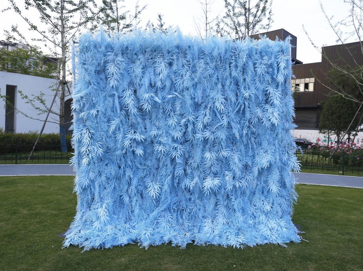 New Design Blue Misty Smog Pampas Flower Wall Wedding Backdrop Decoration Artificial Silk Room 3D Roll Up Cloth Fabric