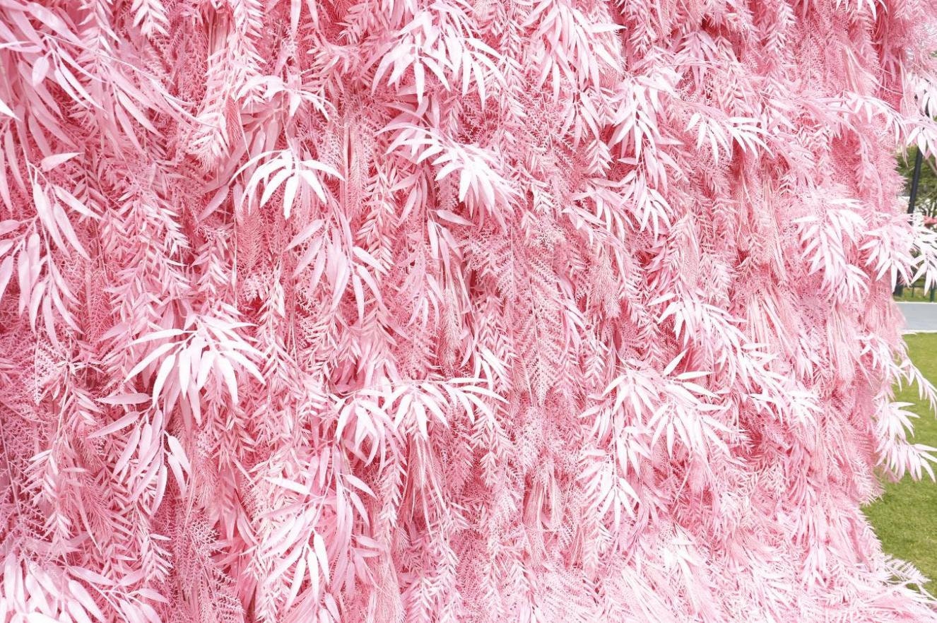 New Design Candy Pink Misty Smog Pampas Flower Wall Wedding Backdrop Decoration Artificial Silk Room 3D Roll Up Cloth Fabric