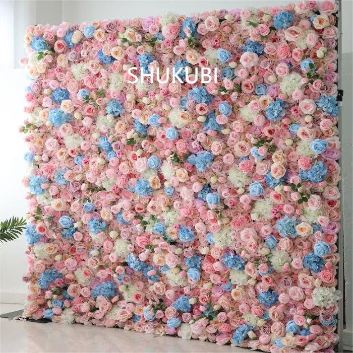 Baby Pink Blue Flower Wall  Wall For Wedding Arrangement Event Salon Party Photography Backdrop Fabric Rolling Up Curtain Fabric Cloth