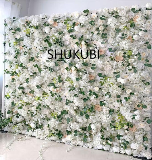 Ivory White Flower Wall Green Plants Wall For Wedding Arrangement Event Party Photography Backdrop Fabric Rolling Up Curtain Fabric Cloth