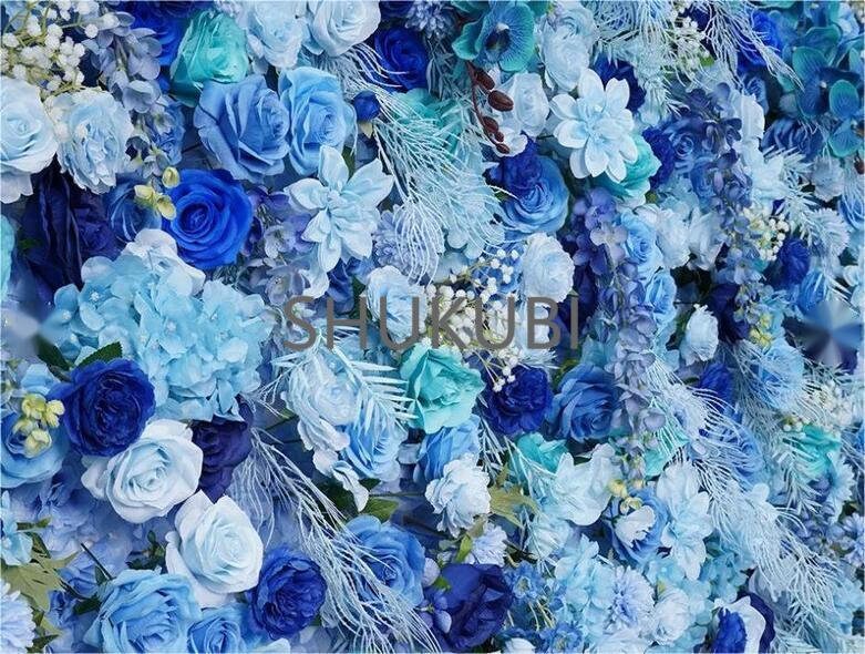 Blue Series Rose Orchid Mist 3D Floral Wall Roll Up Cloth Curtain Flower Wall For Home Decor  Romantic Wedding Party Decor backdrop